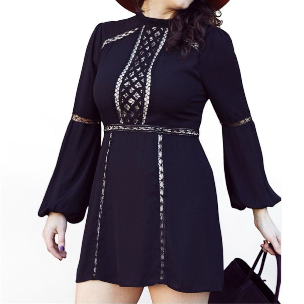 Express Black Sheath Dress with Bell Sleeves and Mock Neck